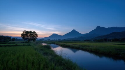 Tranquil Twilight Reflections Over Mountains and Silhouettes in Serene Landscape