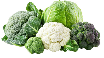 Cabbage kale Cauliflower and collard greens three leafy winter crops together on transparent background