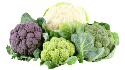 Cabbage kale Cauliflower and collard greens three leafy winter crops together on transparent background