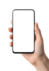 elegant youthful female hand, nude nails, holding a matte black minimalist smartphone with a blank white screen, high-key studio setting, extreme close-up, concept for product advertising