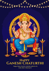 Obraz premium Happy Ganesh Chaturthi Celebration Lord Ganesha seated on his throne with offerings and lights a divine Hindu festival