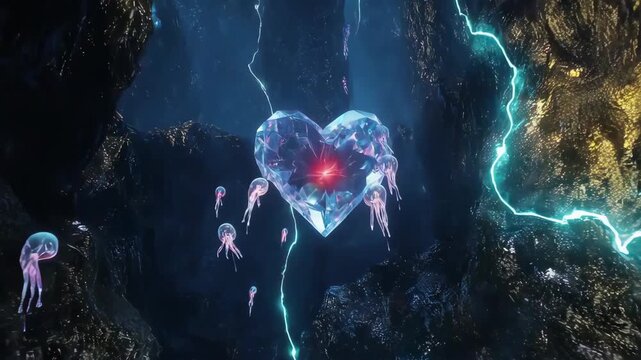 A glowing crystal heart amid jellyfish and electric arcs in a dark cavern