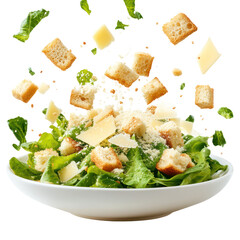 Caesar salad with Parmesan cheese in a plate and cheese crumbs on transparent background
