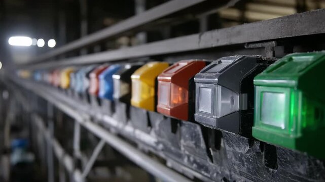 Medium shot of optical sensors detecting color and shape variations in materials for precise sorting in recycling plants