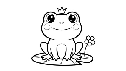 Fototapeta premium Cute cartoon frog prince wearing a crown, sitting on a lily pad and holding a flower in line art style on isolated white background.
