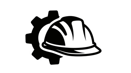 Fototapeta premium Black hard hat and gear icon symbolizing construction and industrial safety on isolated white background.