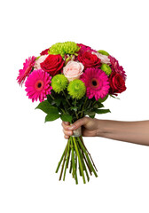 clean adult hand presenting a luxurious bouquet of pink gerbera daisies, crimson roses, and lime chrysanthemums, hyperdetailed on a high-key studio background. concept for luxury floral advertisement