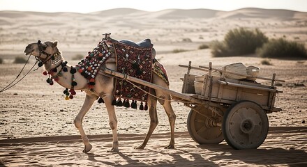 Camel pulling traditional wooden cart through desert landscape