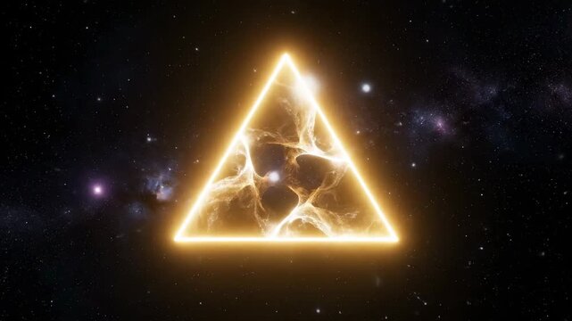 Illuminated triangle with textured interior floats in a starry cosmic void