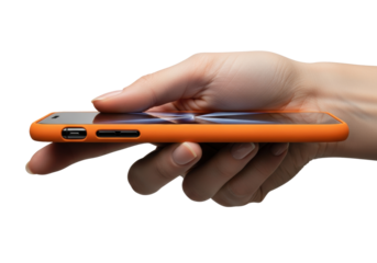 a young woman's hand grips a black smartphone in a vibrant matte orange case horizontally; hyperdetailed close-up on a neutral transparent studio background. concept for commercial product display