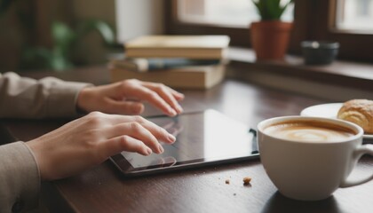 Close up of a woman's hands using a tablet computer on a wooden table next to a cup of coffee and a croissant with books and plants in the background
