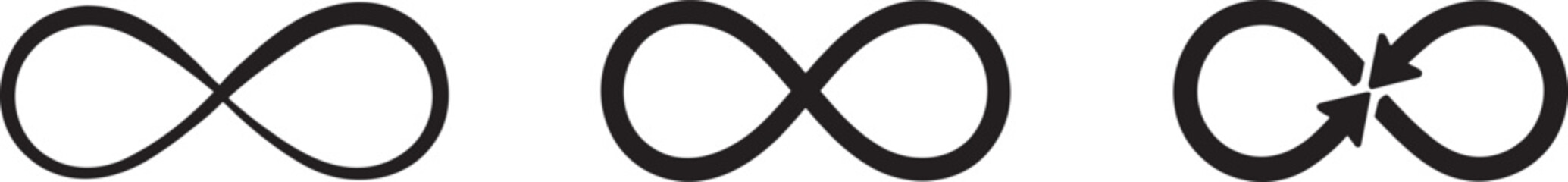Silhouette infinity symbol icons in black, eternal loop signs for concept and design.