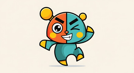 Fototapeta premium Vibrant Mischievous Character Illustration with Split Color Design and Expressive Wink