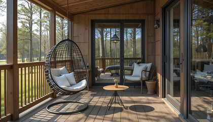 Cozy Rustic Wooden Porch with Rattan Chairs and Fireplace