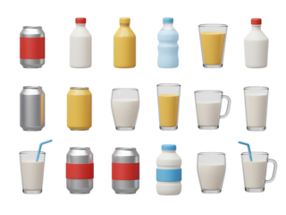 Assorted milk and juice bottles and glasses on white background