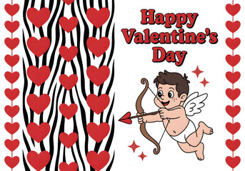 Happy Valentine&rsquo;s Day Cartoon with Smiling Cupid and Red Hearts on White Background