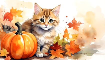 A cute tabby kitten sits amongst fall foliage and a pumpkin, watercolor style. Autumn colors dominate the scene, creating a cozy vibe