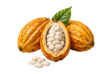 Fresh cacao pod cut open to reveal white cocoa beans, accompanied by a whole ripe cacao pod and green leaves, isolated on a white background, representing chocolate ingredients, agriculture