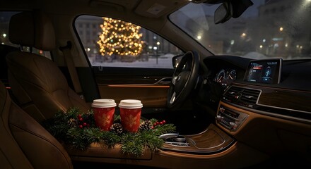 A cozy car interior decorated for Christmas with pine garlands and coffee cups