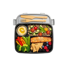 Healthy meal prep container salmon quinoa vegetables