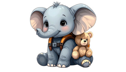 A cartoon baby elephant, grey and cute, sits with a teddy bear on its back, isolated