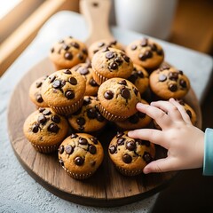 Delicious Chocolate Chip Muffins on Wooden Board.