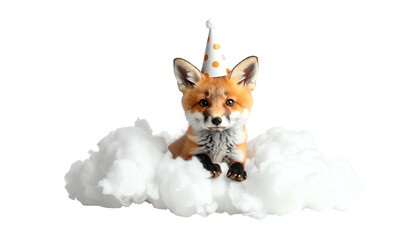 A cute fox cub wearing a party hat, sitting on fluffy white clouds against a black backdrop
