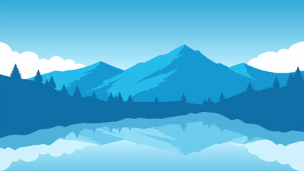 Mountain landscape illustration with lake and pine forest