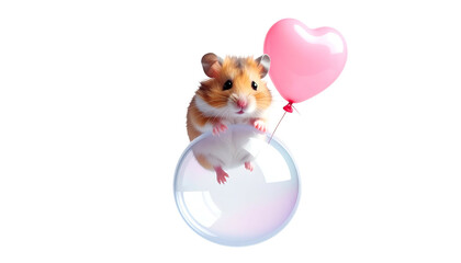 Cute hamster sits on bubble, holding pink heart balloon, against black