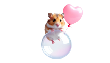 Cute hamster sits on bubble, holding pink heart balloon, against black