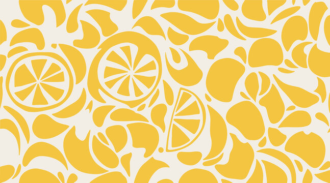 Vibrant yellow citrus fruit slices and whole lemons background pattern