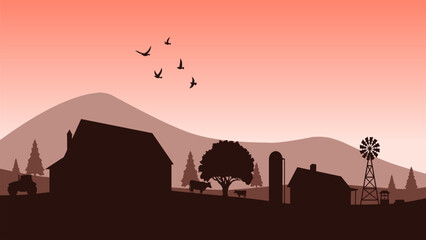 Countryside landscape illustration with farmhouse and rural scene