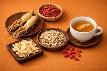 A close-up view of the valuable, nourishing Chinese medicinal herb ginseng positioned on the table
