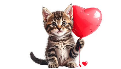 Adorable kitten with big eyes holding a red heart balloon, isolated on black