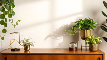 Houseplants Home Decor Wooden Cabinet White Wall Sunlight Shadows