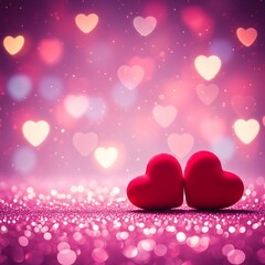 Two red hearts together with floating love hearts in soft pink background