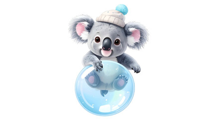Adorable cartoon koala in a winter hat inside a transparent bubble, isolated