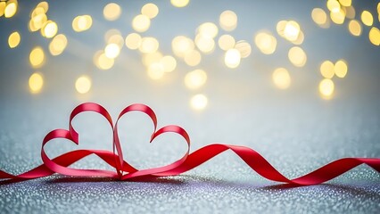 Red satin love heart ribbon on soft bokeh light background for romance