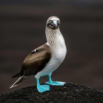 Blue footed booby bird standing on a dark rock looking at the camera.
