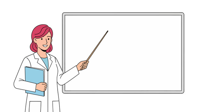Teacher with Pointer and Folder in Front of Whiteboard Vector Illustration