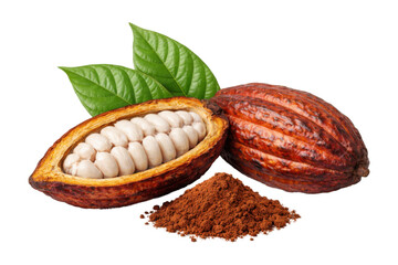 Fresh cacao pod cut open revealing white cocoa beans, accompanied by whole cacao fruit, cocoa powder, and green leaves. Clean isolated composition on white background, ideal for chocolate, agriculture