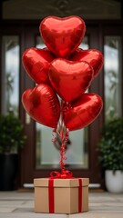 Cluster of red heart balloons tied to gift box for love celebration