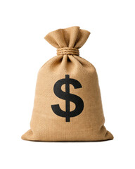 Burlap money bag with dollar symbol isolated on white background, symbolizing wealth, savings, investment, and financial security concept.