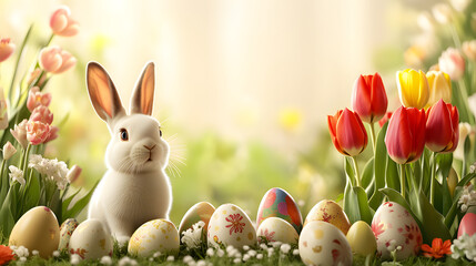 Easter bunny sitting with eggs and blooming tulips on pastel background with copy space. for Easter holiday, spring celebration, festive background concepts.