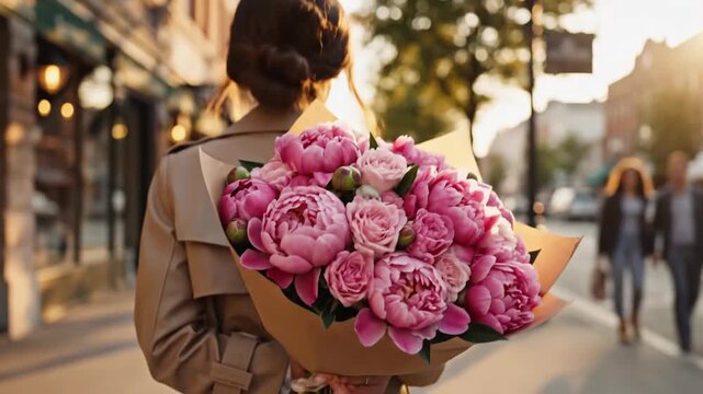 Woman Holding Bouquet of Pink Roses Walking Down Street.