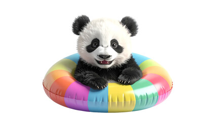 Adorable panda cub floating in a colorful rainbow inner tube against a black background