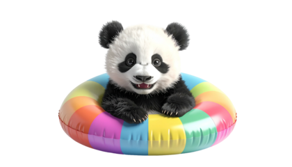 Adorable panda cub floating in a colorful rainbow inner tube against a black background