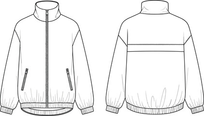 Technical line art vector illustration of a zip up tracksuit jacket with front and back views for sportswear fashion design © Hello World