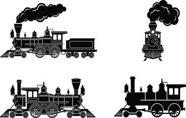 Vintage steam locomotive silhouettes set featuring classic railway trains with smoke isolated on white background for transportation history design concepts © Moslama