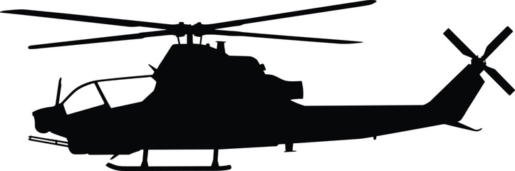 Military attack helicopter silhouette isolated on white background showing modern combat gunship profile for aviation defense and armed forces concepts © Moslama